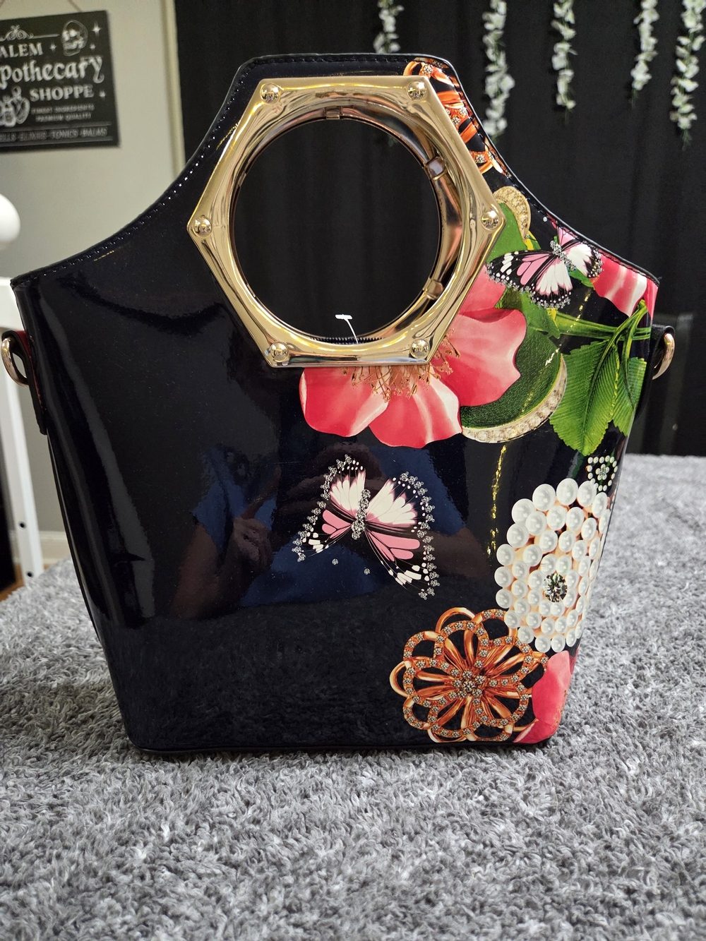 Patent Floral Butterfly Tote Handbag with Gold Accent Handle - Navy & Pink